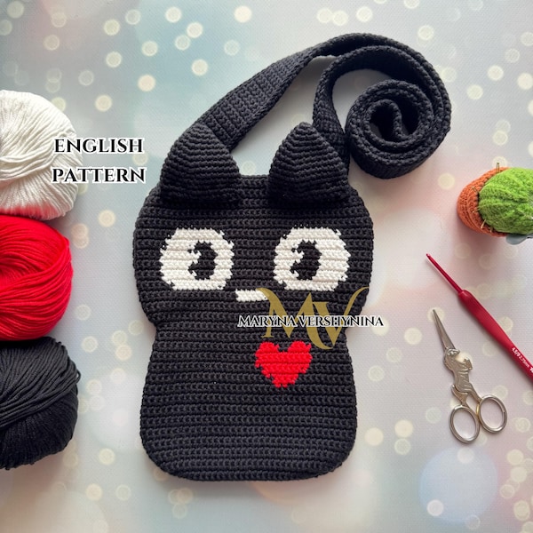 Black Cat Crochet Bag Pattern with Heart (PDF Pattern)