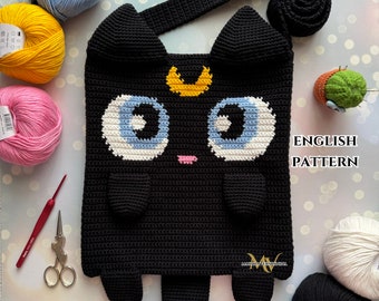 Modello per borsa a forma di gatto con luna all'uncinetto: disegno intarsiato (modello PDF)
