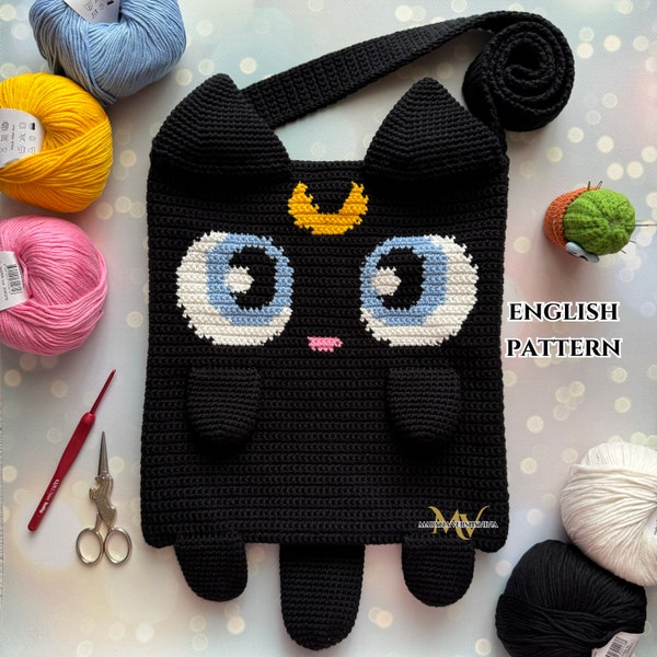 Crochet Moon Cat Bag Pattern: Intarsia Design (PDF Pattern)