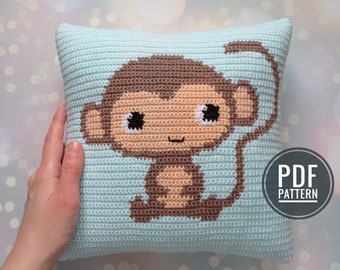 Crochet Pattern Monkey, Lake House Decor, Crochet Cushion, Sofa Pillow, Caravan Cushion, Intarsia Crochet Tutorial, Patterns for Crochet