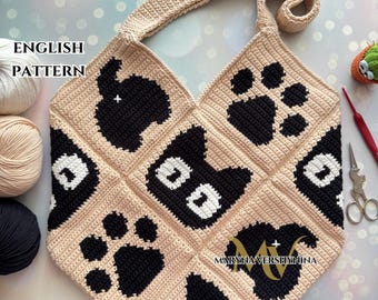 Cat, butt, paw Bag Crochet Pattern, Crochet Bag Pattern, Crochet Tote Bag Pattern, Crochet Black Cat Pattern, Intarsia Crochet