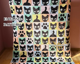 Niedliche schwarze Katzendecke Häkelanleitung, Cat Blanket Crochet Pattern, Intarsia Square (PDF Häkelanleitung)