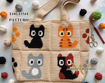Cats and paws bag crochet pattern (PDF Pattern)