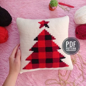 Crochet Christmas Pillow Pattern, Crochet Pillow Cover Pattern, Plaid Christmas Tree Pillow, Buffalo Plaid Crochet Pillow Pattern