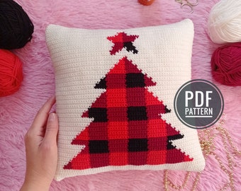 Crochet Christmas Pillow Pattern, Crochet Pillow Cover Pattern, Plaid Christmas Tree Pillow, Buffalo Plaid Crochet Pillow Pattern