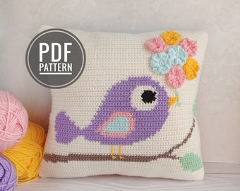 Crochet Pattern Pillow, Crochet Cushion Pattern, Intarsia Crochet, Bird Cushion, Crochet Bird, Picture Crochet, Graphghan,Girls Room Crochet