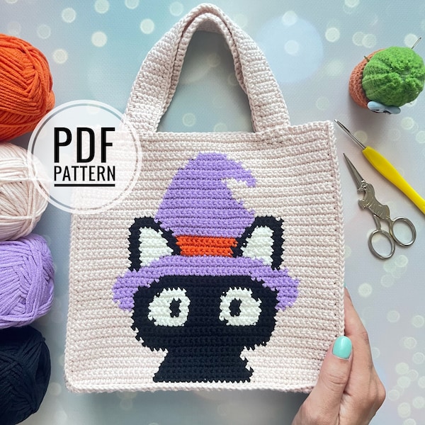 Crochet Cat Mini Bag Pattern, Halloween Crochet Pattern, Crochet Bag Pattern, Crochet Black Cat Pattern, Intarsia Crochet