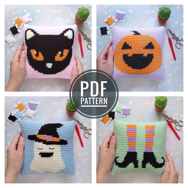 May include: Four crochet pillow patterns featuring Halloween themes: a black cat, a pumpkin, a ghost wearing a witch's hat, and a pair of witch's legs. Each pattern is displayed on a crocheted pillow with a different color background.