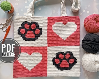 Crochet Tote Bag Pattern: Intarsia Heart & Paw Print (PDF Pattern)