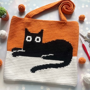 Crochet Bag Pattern, Crochet Tote Bag Pattern, Crochet Black Cat Pattern, Intarsia Crochet image 4