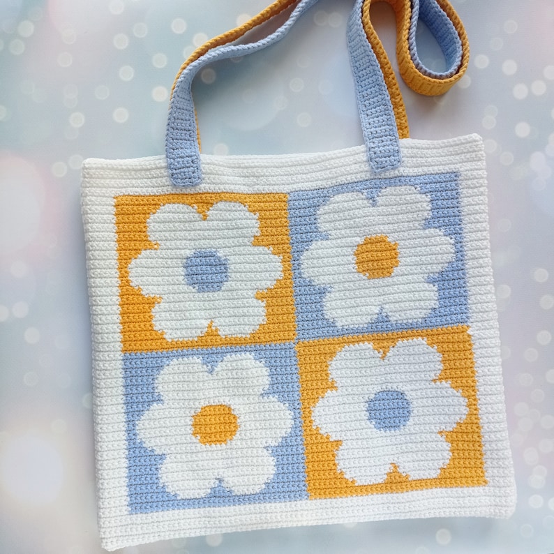 Crochet Bag Pattern, Crochet Tote Bag Pattern, Crochet Daisy Pattern, Intarsia Crochet image 3
