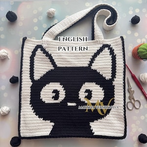 May include: Crochet tote bag pattern featuring a black cat with white eyes. The pattern is written in English and includes the text "ENGLISH PATTERN" and "MARYNA VERSHYNINA".