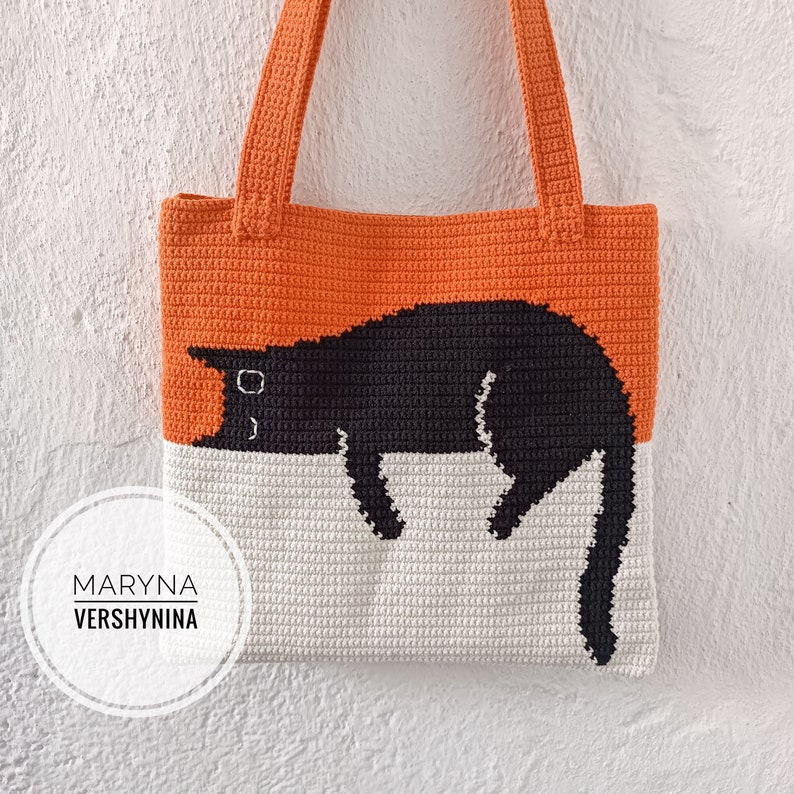 Black Cat Bag Crochet Pattern, Crochet Bag Pattern, Crochet Tote Bag Pattern, Crochet Black Cat Pattern, Intarsia Crochet image 3