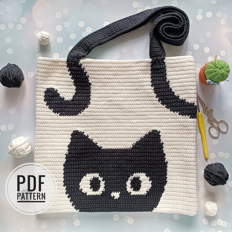 Crochet Bag Pattern, Crochet Tote Bag Pattern, Crochet Black Cat Pattern, Intarsia Crochet image 1