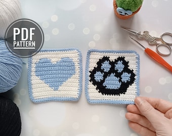 Crochet Paw & Heart Coaster Pattern: Intarsia Design (PDF Pattern)