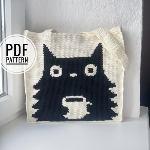 Black cat with a cup, Crochet bag pattern, Crochet Tote Bag Pattern, Crochet Black Cat Pattern, Intarsia Crochet