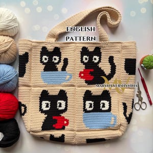May include: A beige crochet tote bag featuring four black cat designs, each holding a cup or wearing a mask. The bag has a matching handle and the text "ENGLISH PATTERN".