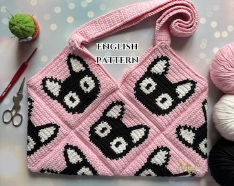Black cats bag mini Crochet Pattern, Crochet Bag Pattern, Crochet Tote Bag Pattern, Crochet Black Cat Pattern, Intarsia Crochet, Crochet Cat