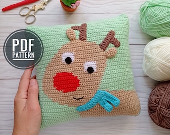 Crochet Christmas pillow pattern, Crochet Cushion Pattern, Crochet Deer Pattern,  crochet pillow cover, tapestry crochet pattern