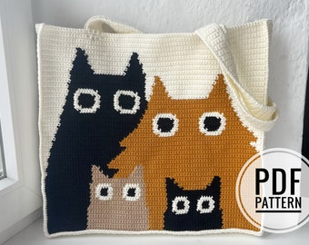 Crochet Cat Family Tote Bag Pattern: Intarsia Design (PDF Pattern)