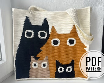 Crochet Cat Family Bag Pattern, Crochet Tote Bag Pattern, Crochet Cat Pattern, Intarsia Crochet