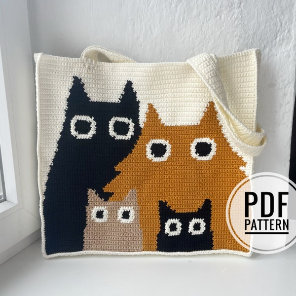 Crochet Cat Family Bag Pattern, Crochet Tote Bag Pattern, Crochet Cat Pattern, Intarsia Crochet