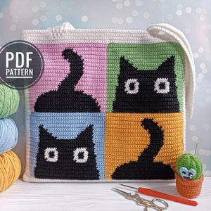 Crochet Cat Pattern, Crochet Bag Pattern, Crochet Tote Bag Pattern, Intarsia Crochet