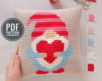 Crochet pattern gnome with heart, Crochet valentine gnome pattern, Valentine Crochet Pillow Pattern, Cushion DIY