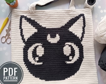 Crochet Cat Pattern, Crochet Bag Pattern, Crochet Tote Bag Pattern, Crochet Black Cat Pattern, Intarsia Crochet