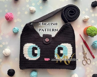 Black cat with blue eyes Bag Crochet Pattern, Crochet Bag Pattern, Crochet Cute Bag Pattern, Crochet Tote Bag Pattern, Crochet Cat Pattern