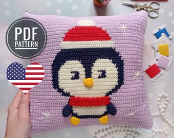 Crochet Christmas Pillow Pattern, Crochet Cushion, Crochet Penguin Pattern, Crochet Pillow Cover, Penguin Amigurumi