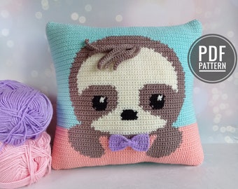 Crochet Pattern Pillow, Crochet Cushion Pattern, Intarsia Crochet, Sloth Cushion, Crochet Sloth, Picture Crochet
