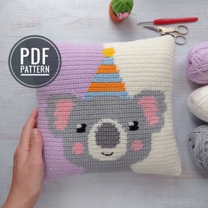 Crochet Pattern Pillow, Crochet Cushion Pattern, Intarsia Crochet, Koala Cushion, Crochet Koala, Crochet Pillow Diy
