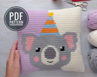 Crochet Pattern Pillow, Crochet Cushion Pattern, Intarsia Crochet, Koala Cushion, Crochet Koala, Crochet Pillow Diy