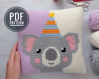 Crochet Pattern Pillow, Crochet Cushion Pattern, Intarsia Crochet, Koala Cushion, Crochet Koala, Crochet Pillow Diy