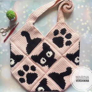 Cat, paw, tail bag Crochet Pattern, Crochet Bag Pattern, Crochet Tote Bag Pattern, Crochet Black Cat Pattern, Intarsia Crochet image 5