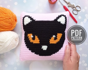 Oreiller au crochet, motif de coussin au crochet, motif de chat au crochet, motif au crochet d'Halloween