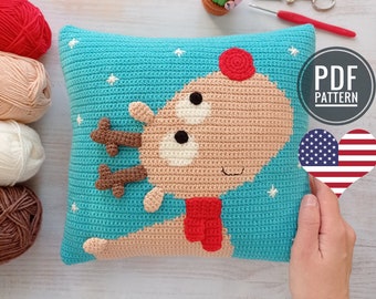 Crochet Reindeer Christmas Pillow Cover Pattern (PDF)