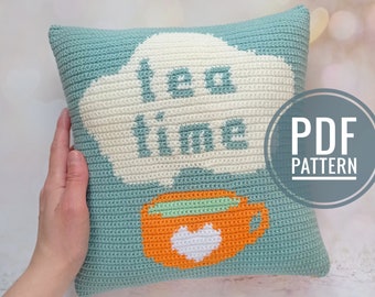 Crochet Pattern Pillow, Crochet Cushion Tea Time, Intarsia Crochet, Pillow Cover Pattern