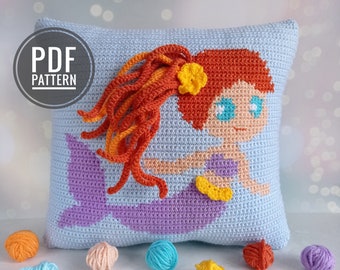 Crochet Pattern Pillow, Crochet Cushion Pattern, Intarsia Crochet, Crochet Mermaid, Picture Crochet, Graphghan, Girls Room Crochet