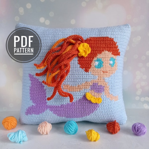 Crochet Pattern Pillow, Crochet Cushion Pattern, Intarsia Crochet, Crochet Mermaid, Picture Crochet, Graphghan, Girls Room Crochet