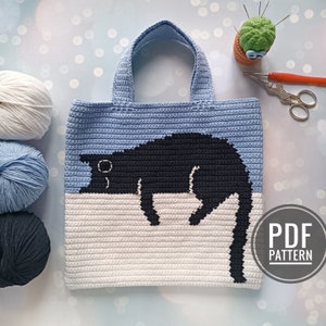 Crochet Bag Pattern, Crochet Tote Bag Pattern, Crochet Black Cat Pattern, Intarsia Crochet image 1