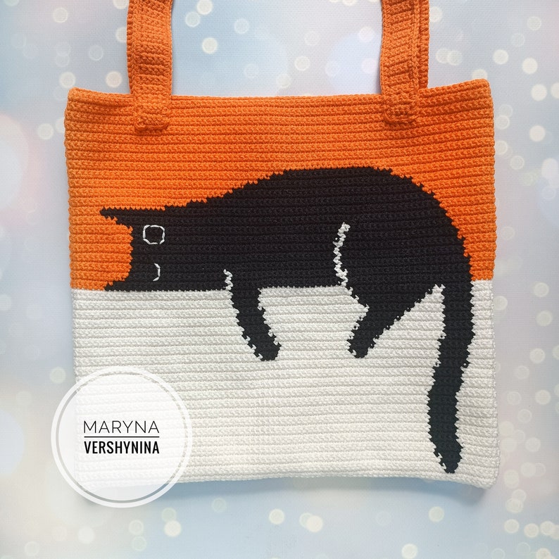 Black Cat Bag Crochet Pattern, Crochet Bag Pattern, Crochet Tote Bag Pattern, Crochet Black Cat Pattern, Intarsia Crochet image 2