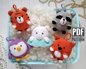 Christmas patterns SET 5 in 1 (Fox, Penguin, Raccoon, Tiger, Polar Bear), Crochet Christmas Decoration Pattern, Crochet Christmas Ornaments