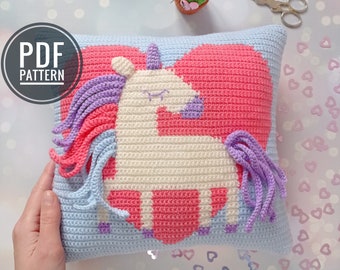 Crochet Pillow Pattern, valentines day crochet, crochet cushion, crochet unicorn pattern, valentines crochet pattern