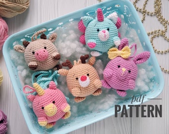 Crochet Christmas Ornaments Pattern: Cat, Bunny, Deer, Bull, Unicorn (PDF Pattern)