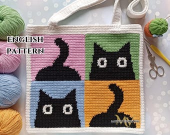 かぎ針編みの猫のトートバッグのパターン：インターシアデザイン（PDFパターン）