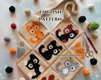 Cute cats bag Crochet Pattern, Crochet Bag Pattern, Crochet Tote Bag Pattern, Intarsia Crochet