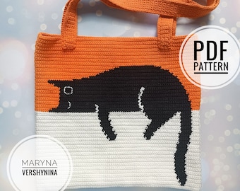 Black Cat Bag Crochet Pattern, Crochet Bag Pattern, Crochet Tote Bag Pattern, Crochet Black Cat Pattern, Intarsia Crochet