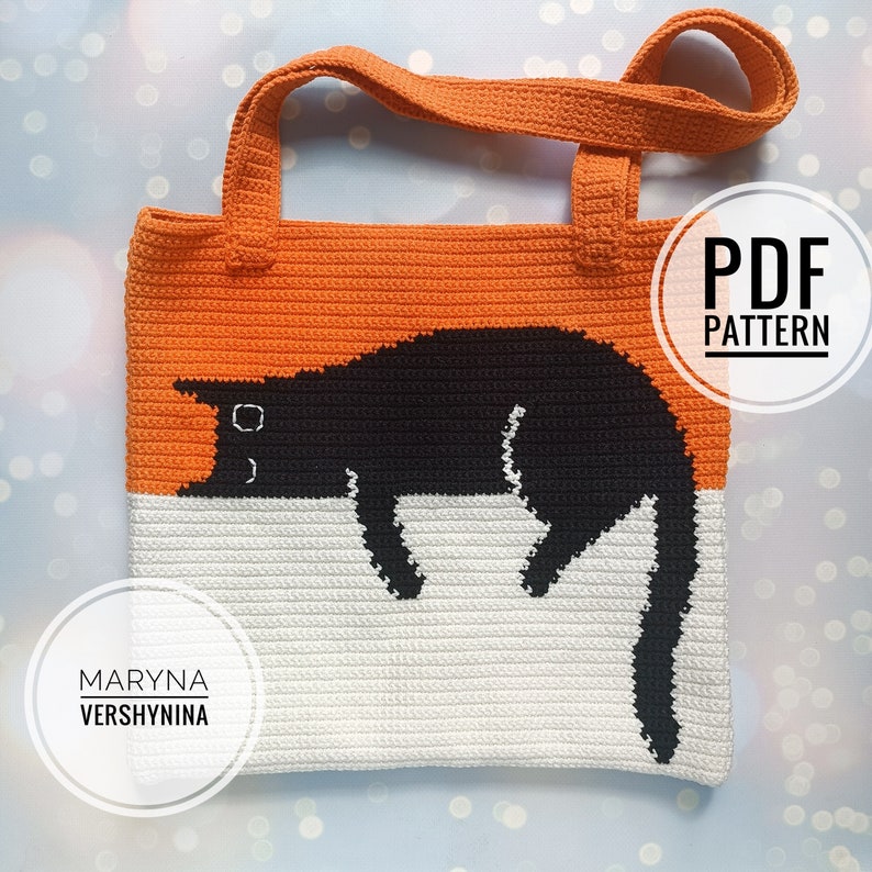 Black Cat Bag Crochet Pattern, Crochet Bag Pattern, Crochet Tote Bag Pattern, Crochet Black Cat Pattern, Intarsia Crochet image 1